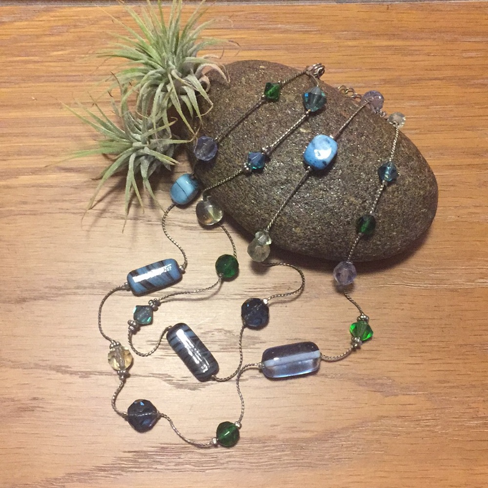 Lia Sophia “Riverside” Double Strand Silver Necklace w/Blue & Green Glass Beads